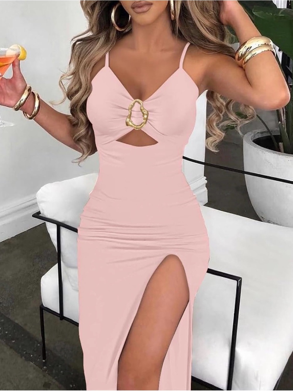 Sleeveless Pink Cutout Maxi Dress with Gold Accent